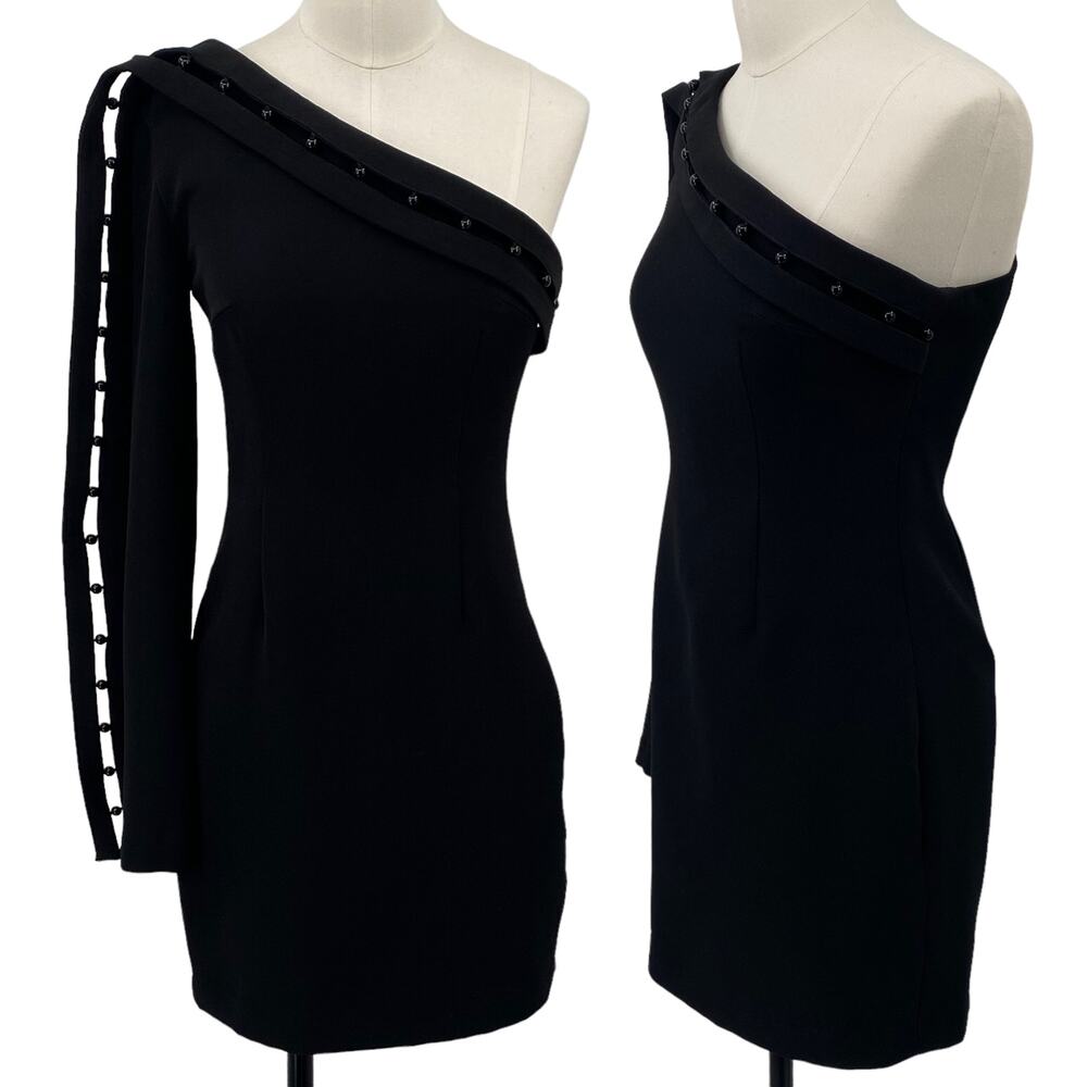 Keepsake the Label Mini Dress Beaded Trim One Shoulder Long Sleeve Black Small
